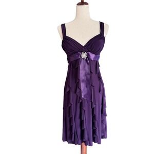 Y2K Cache Purple Ruffle Mini Dress Rhinestone Brooch Sz 2 4 Vtg HOCO Whimsigoth